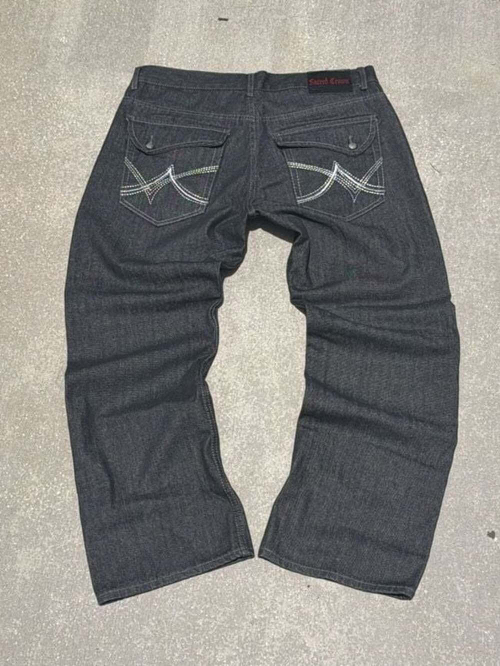 Sacred Crown Men's Dark Wash Baggy Denim Jeans with Embroidered Back Pockets
